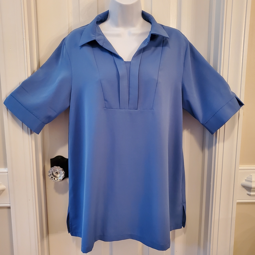 Nitori N+ Blue Short Sleeve Collared Blouse Shirt Size Large